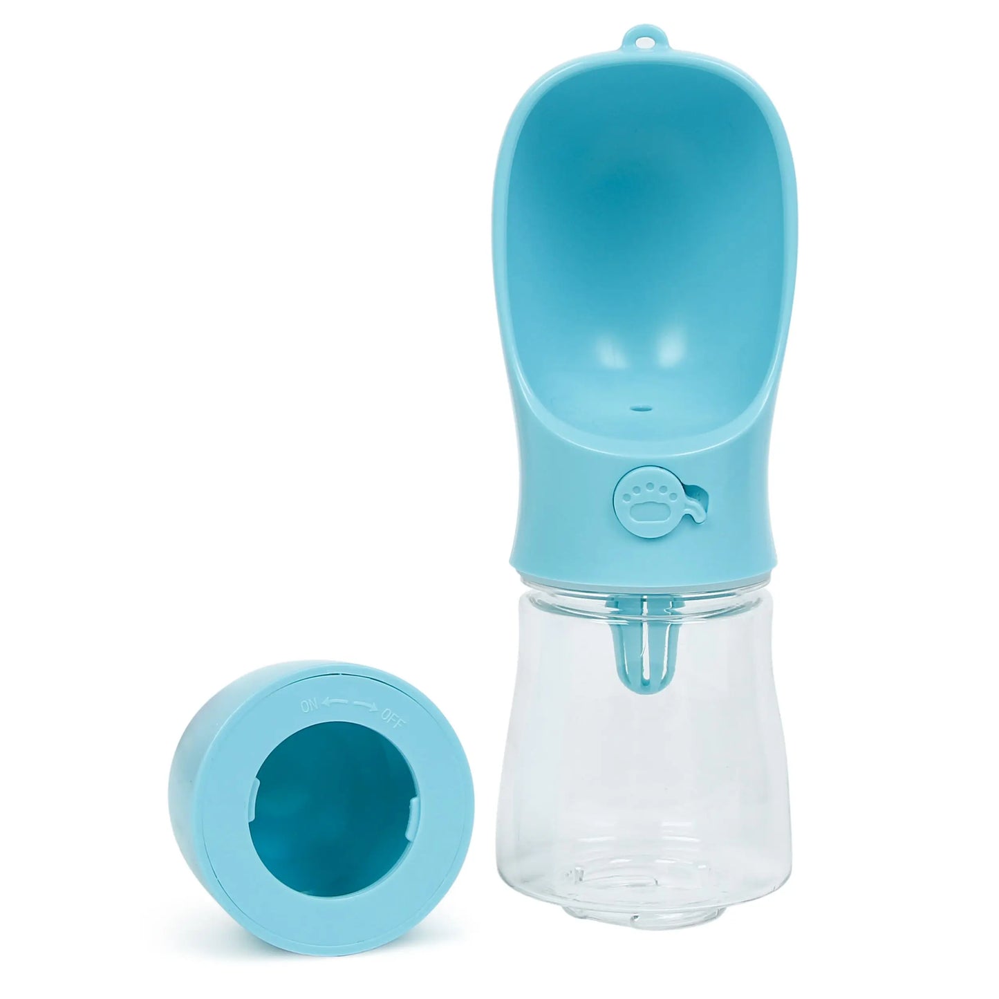 Blue and clear portable pet water bottle on a white background