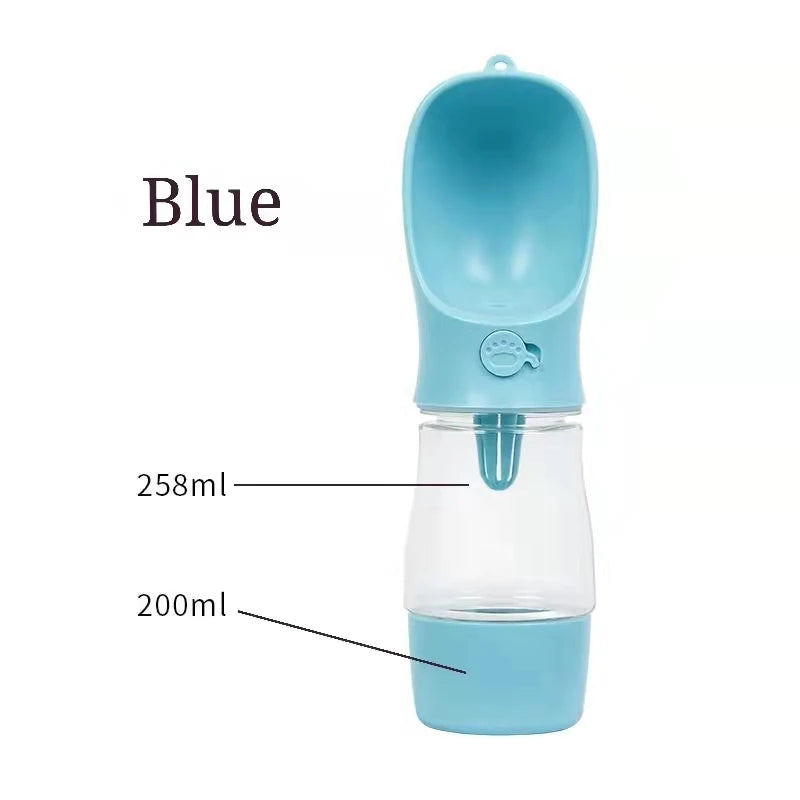 Blue portable pet water bottle with measurement labels on a white background
