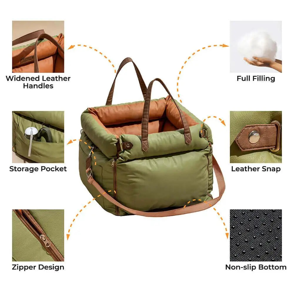 Green pet carrier with brown leather accents, featuring various design elements.