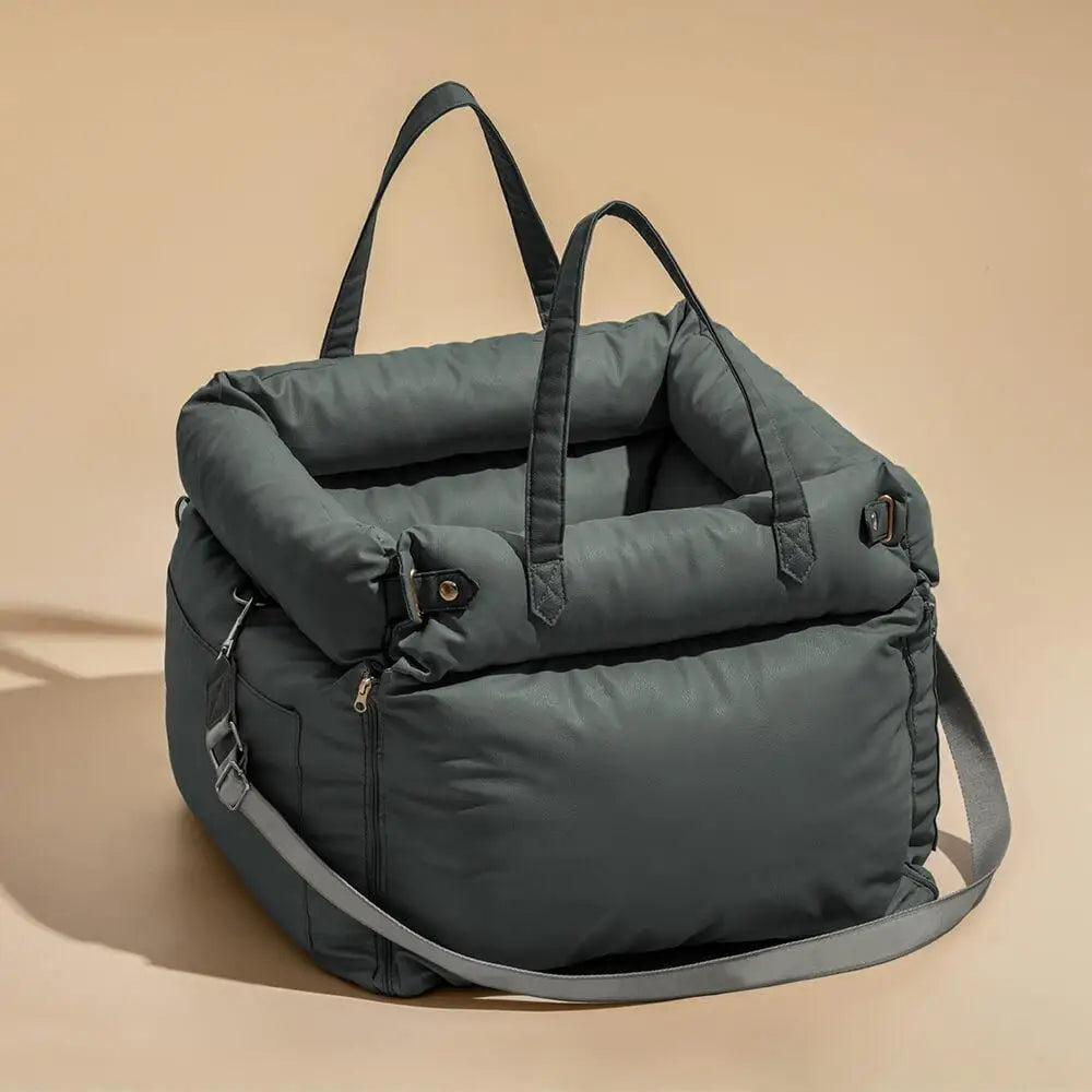 Green pet travel bag on a beige background