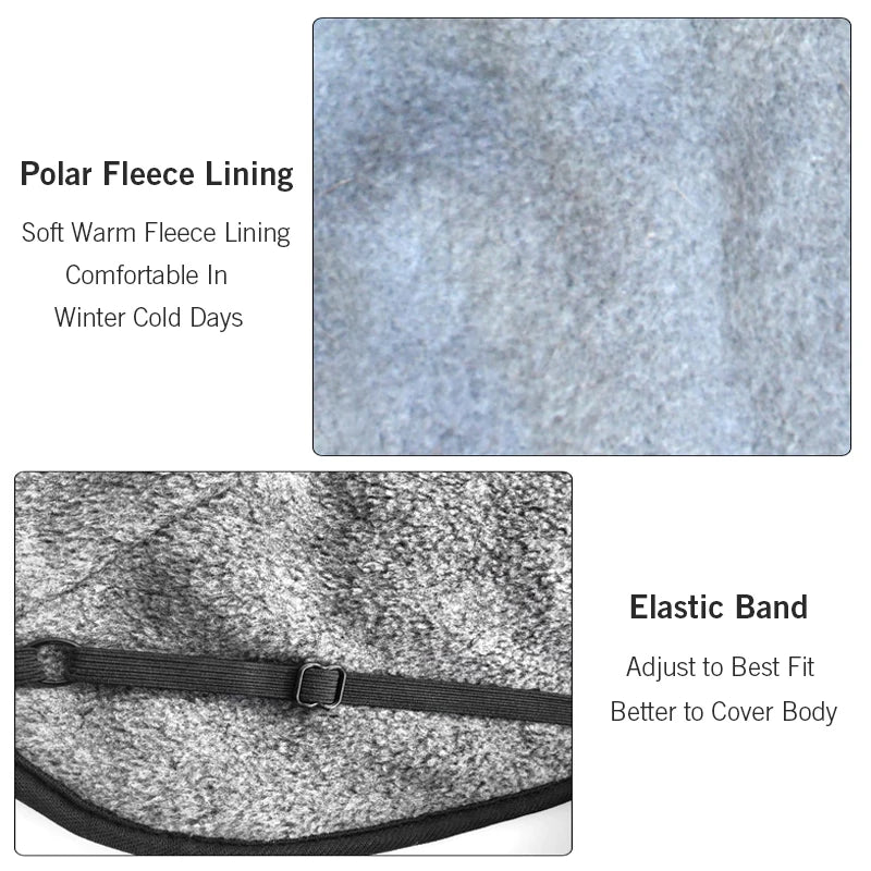Polar fleece lining and elastic band features with close-up details on a white background.