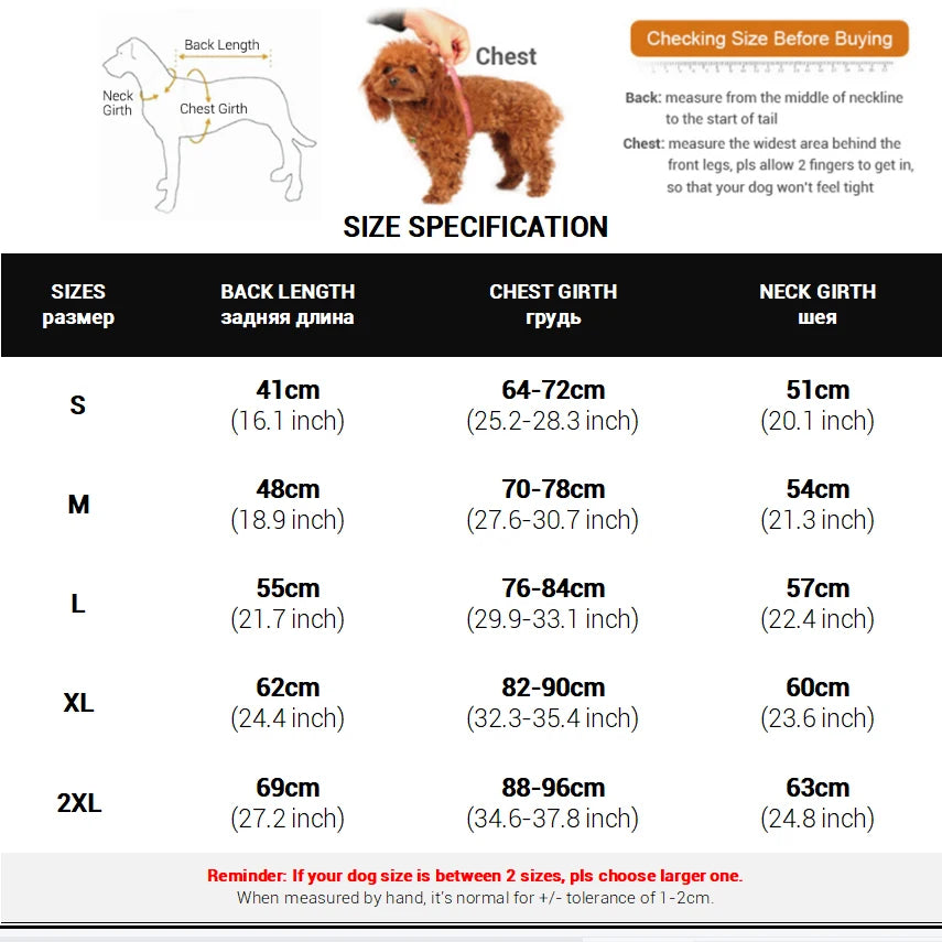 Dog size chart with measurements for different sizes