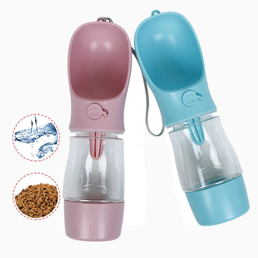 Pink and blue pet water bottle and food container set on a white background