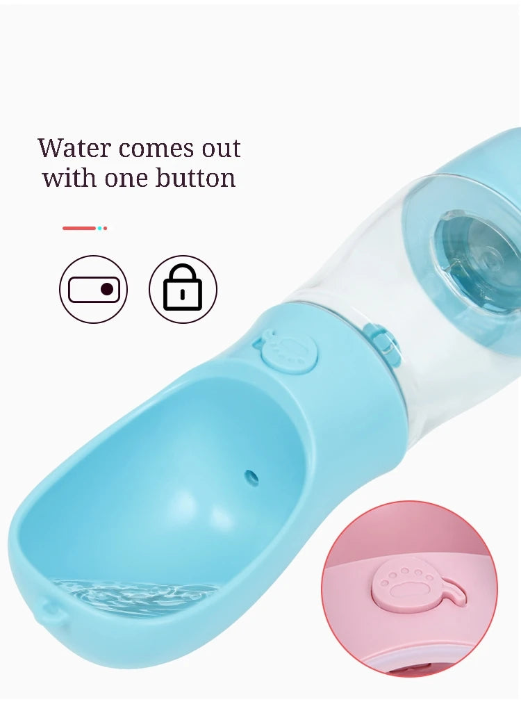 Blue and pink pet water bottle with text 'Water comes out with one button' on a white background.