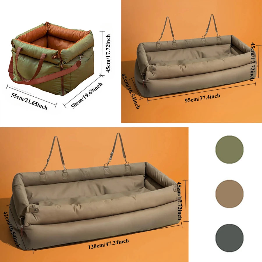 pet travel bed with dimensions and color options on an orange background