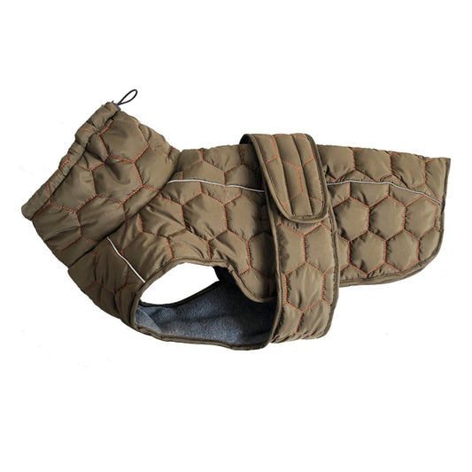 Quilted dog coat in brown on a white background