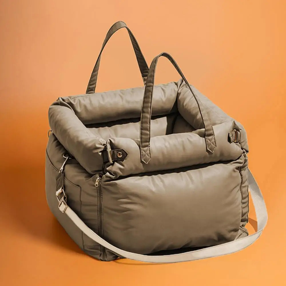 Brown backpack for pet travel orange background